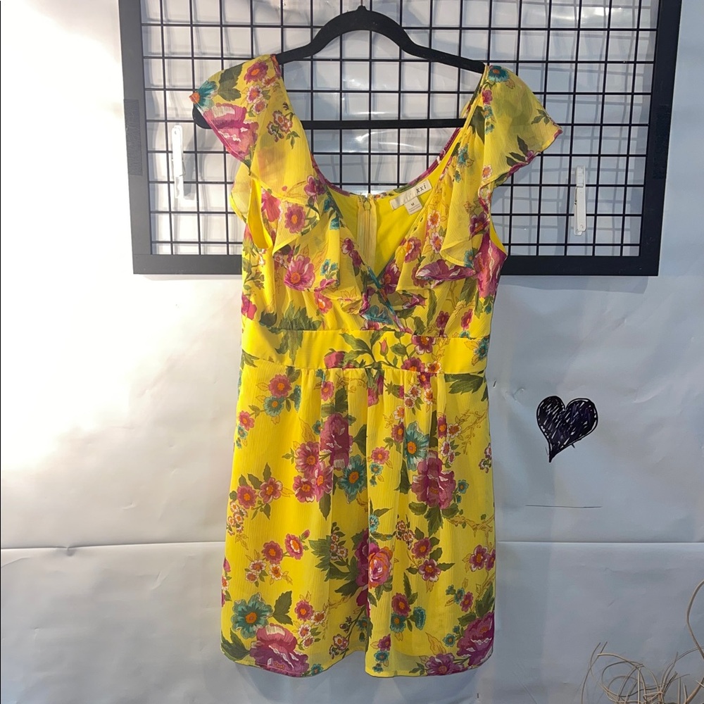 Forever 21 Yellow Floral Mini  Dress with Ruffles
